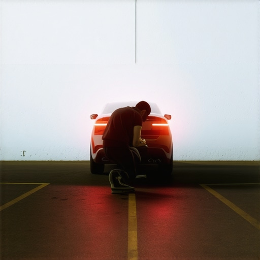 Person adjusting headlight beams on a level surface facing a wall to achieve proper alignment.