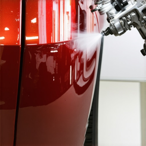 A technician expertly spray painting a car's surface with a clear coat for a durable finish.