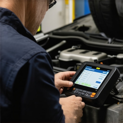 Automotive Diagnostic Scanner in Action Mechanic using a digital scan tool to diagnose vehicle issues