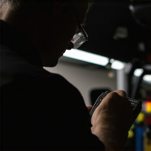 Mechanic hand holding a BlueDriver scan tool connected to a car's OBD-II port in a garage environment.