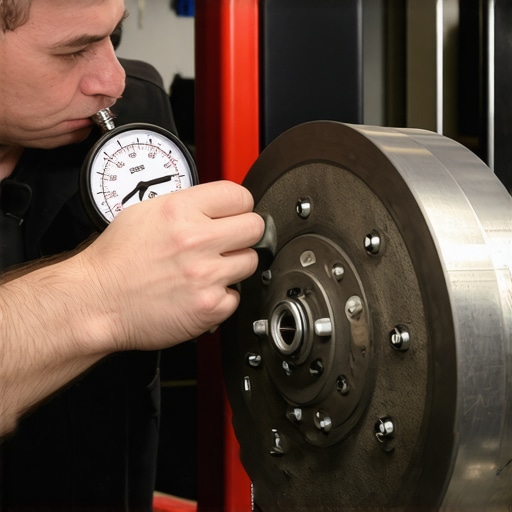 Mechanic measuring brake rotor runout with a dial indicator in a repair shop
