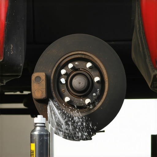 Mechanic cleaning brake hub with spray and brush in garage