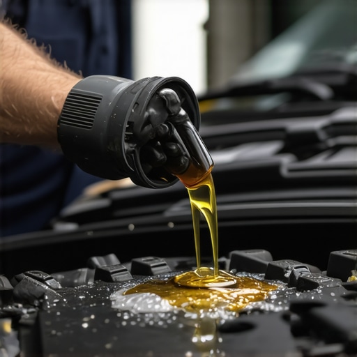 Car Oil Change Process Mechanic draining engine oil during service.