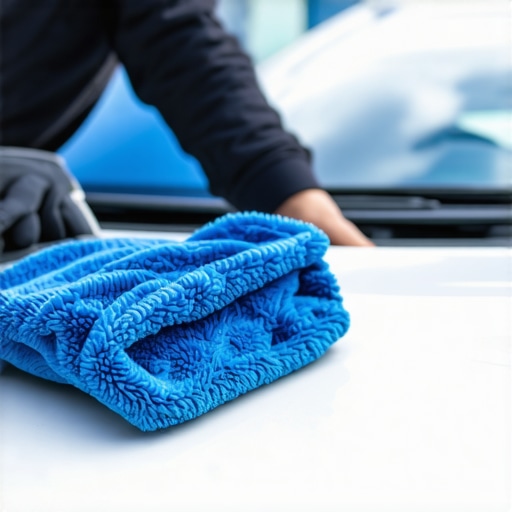 Car Scratch Repair Finish Person polishing car surface with microfiber cloth after fixing deep scratches.