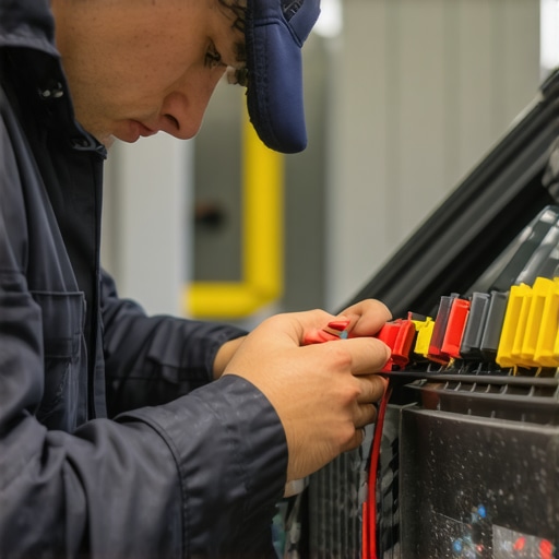 Technician examining electrical wiring and connectors in an automotive repair shop.
