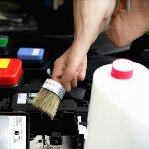 Person cleaning car battery terminals with a wire brush and baking soda solution