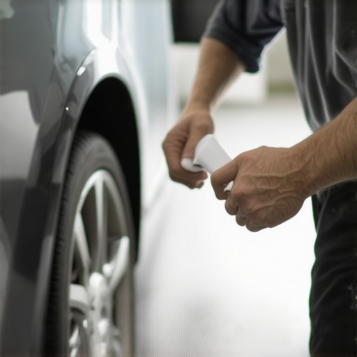 A mechanic spraying cleaning solution onto a car's MAF sensor in the engine bay