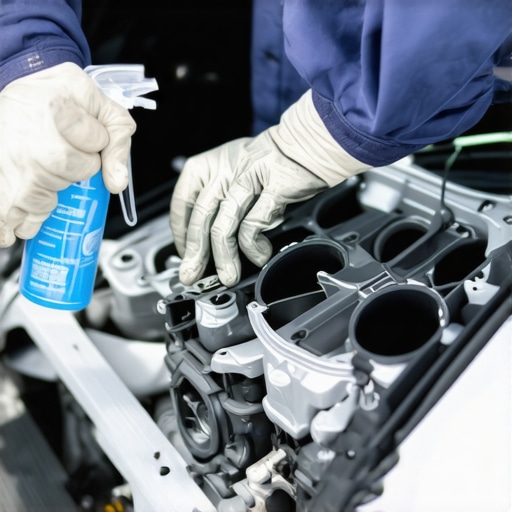 Cleaning a Throttle Body for Better Engine Response Mechanic applying throttle body cleaner to a car's throttle body during maintenance.