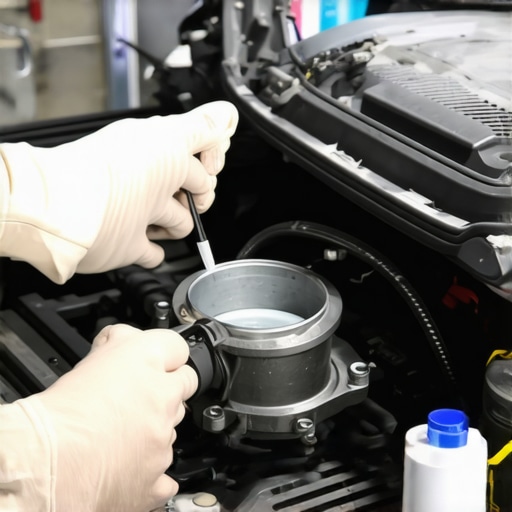 Person spraying throttle body cleaner onto engine component during car maintenance