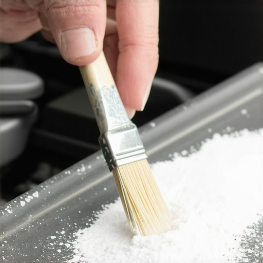 Cleaning car battery terminals with baking soda Person applying baking soda paste to corroded car battery terminals using a brush in a garage.