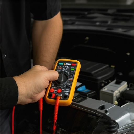 Mechanic testing electrical wiring with a multimeter in a well-equipped auto repair shop.