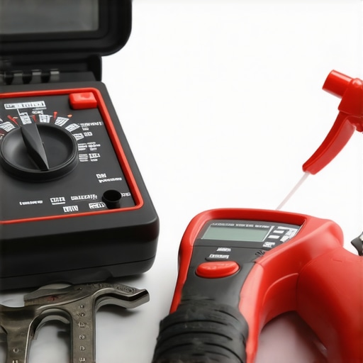 Assorted tools including multimeter, pulley wrench, brake cleaner, and diagnostic scanner laid out on a workbench in an auto repair shop.
