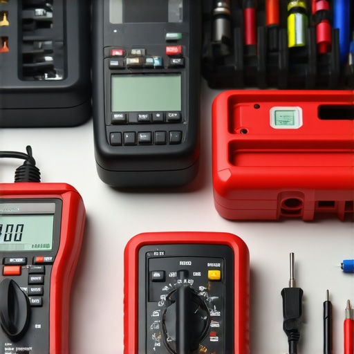 A set of automotive diagnostic tools and equipment on a workbench, illustrating key tools for maintaining a vehicle.