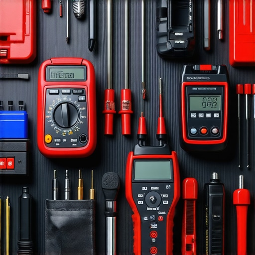 An array of professional car repair tools including multimeter, torque wrench, and diagnostic scanner laid out on a workbench.