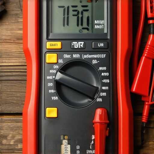 A detailed view of a digital multimeter used for vehicle electrical diagnostics