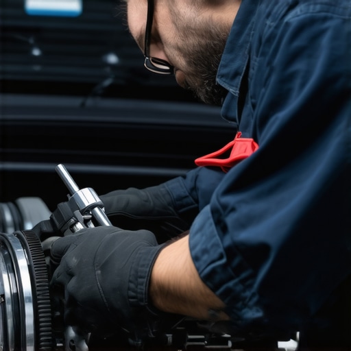 Mechanic using diagnostic tools on a car engine in a repair shop