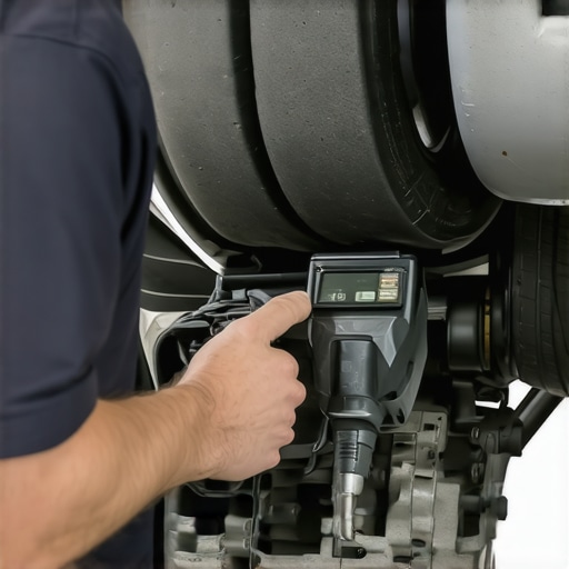 A mechanic using diagnostic tools to inspect a car's transmission system in a workshop.