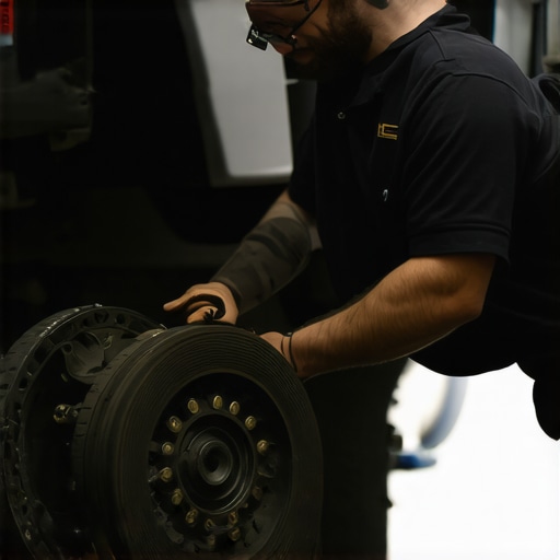 Mechanic repairing a car transmission in a garage