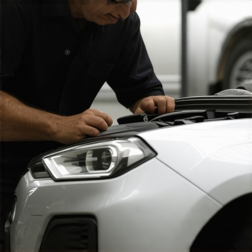 Expert auto inspector analyzing car damage Mechanic carefully examining vehicle's frame and paint for repair quality.