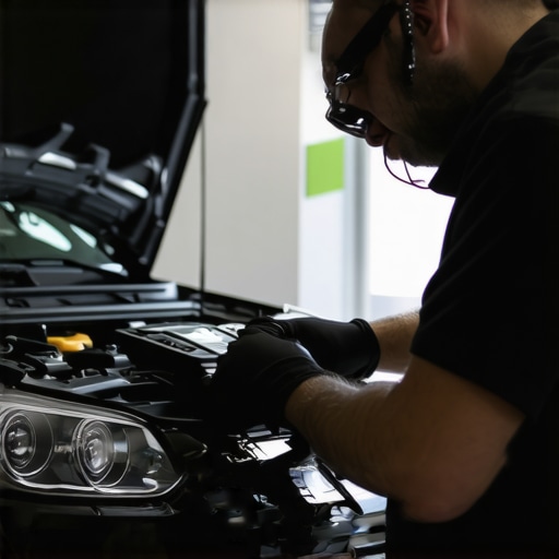 Mechanic using diagnostic tools on a car's transmission in a garage