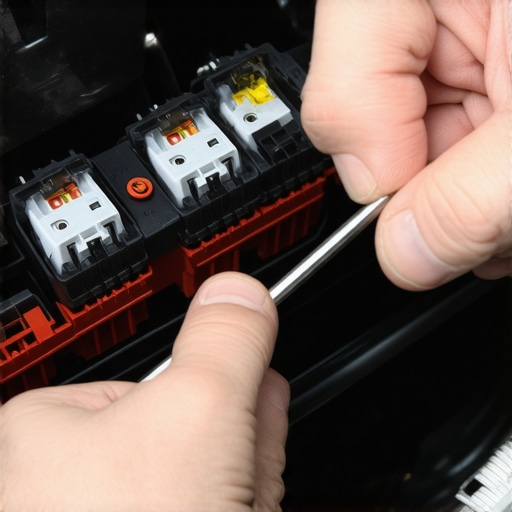 Person replacing a fuse in a car's fuse box using a screwdriver.
