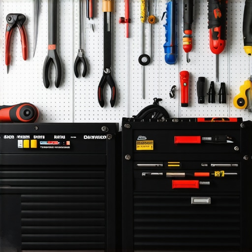 A well-organized garage displaying diagnostic scanners and assorted hand tools for auto repair.