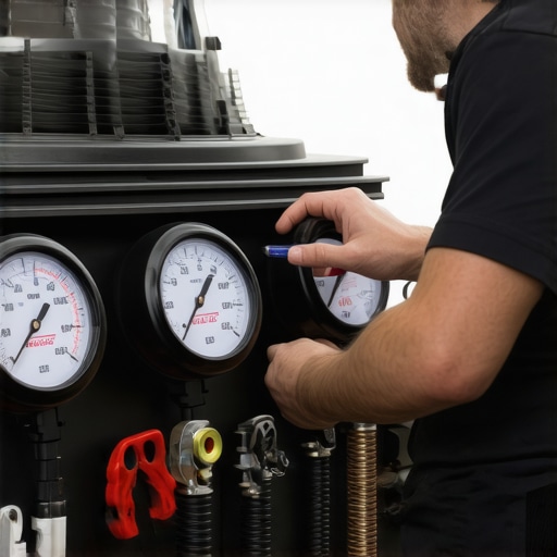 Car AC technician checking refrigerant levels and compressor operation
