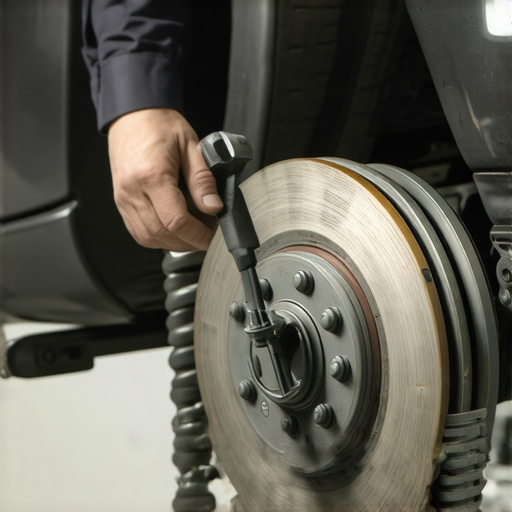 Mechanic examining brake pads and rotors during repair