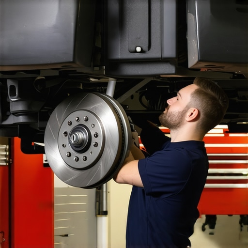 Mechanic checking brake pads and rotors under a lifted vehicle.