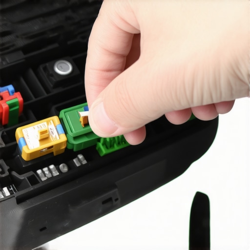 A mechanic or car owner checking and replacing a blown fuse in a car's fuse box.