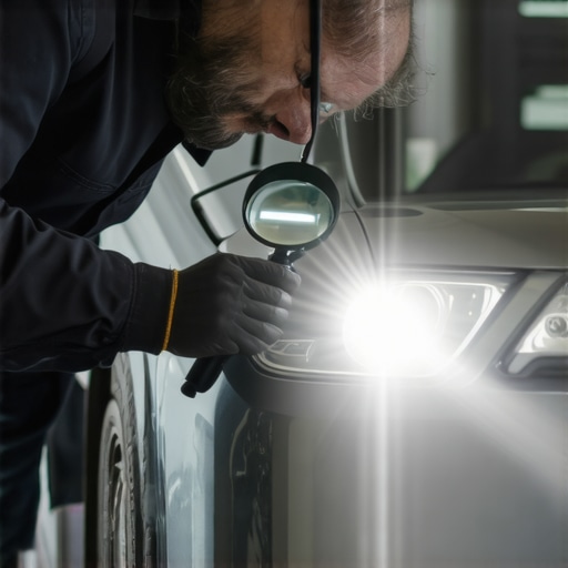 Mechanic using flashlight and magnifying glass to examine a car's paint surface for primer quality.