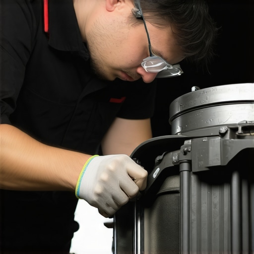 Mechanic carefully examines a replacement car part for authenticity during a repair process.