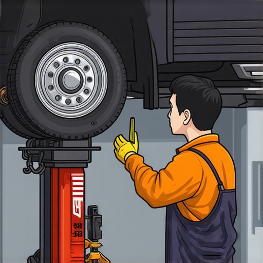 Person checking car's motor mounts with tools while vehicle is lifted