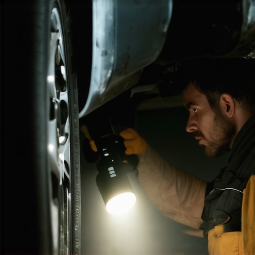 Mechanic examining wheel well for rust with flashlight and mirror