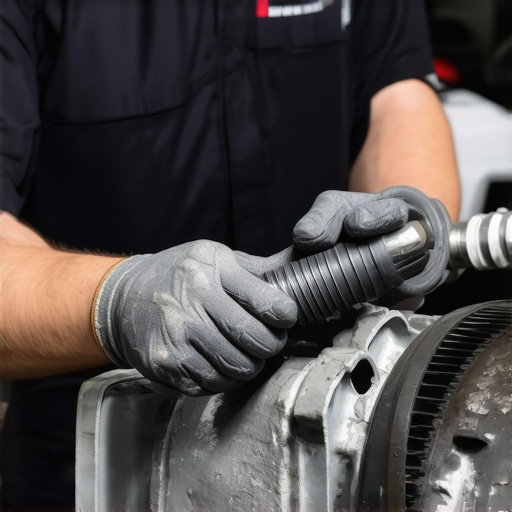 Mechanic checking transmission cooler lines for leaks during repair.