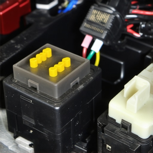 Close-up of a mechanic connecting a relay in a car's engine bay
