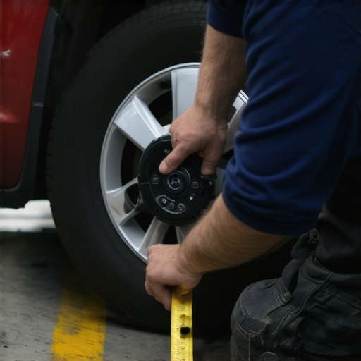 Person measuring a car's wheel hub alignment with a tape measure on a flat surface