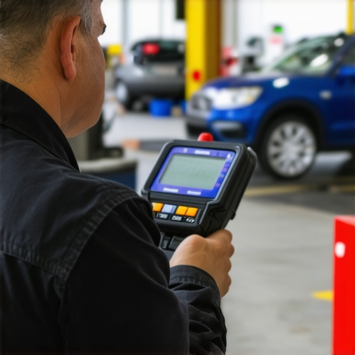Mechanic Using Diagnostic Scanner in Garage Automotive technician analyzing a car's data with a scan tool in a professional garage