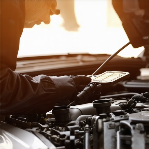 Mechanic diagnosing a car's electronic system with advanced tools.