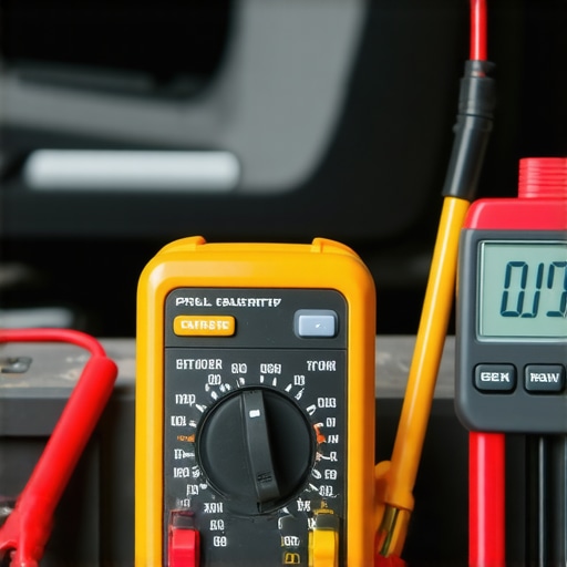 Person measuring car battery voltage using digital multimeter in garage