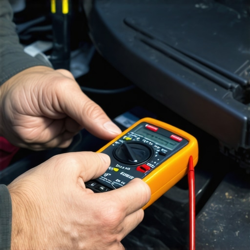 Mechanic testing electrical connections in a car engine with a digital multimeter