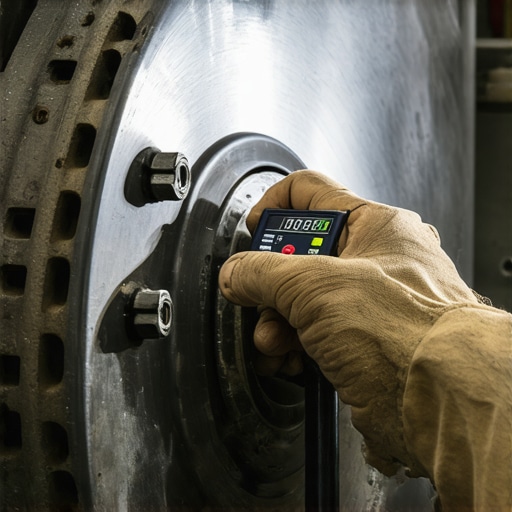 Precision Measurement During Vehicle Maintenance A mechanic measuring brake rotor flatness with a digital dial indicator