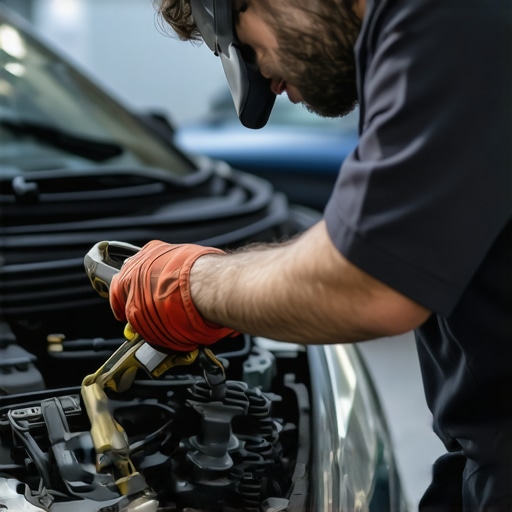 Professional mechanic inspecting engine components Mechanic analyzing car engine parts with tools in a garage