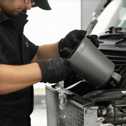 Proper Coolant Filling Technique A person carefully pouring coolant into a car radiator with a funnel, emphasizing slow and controlled filling to prevent air pockets.