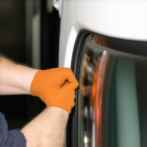 Mechanic installing a new rubber seal on a car window during repair