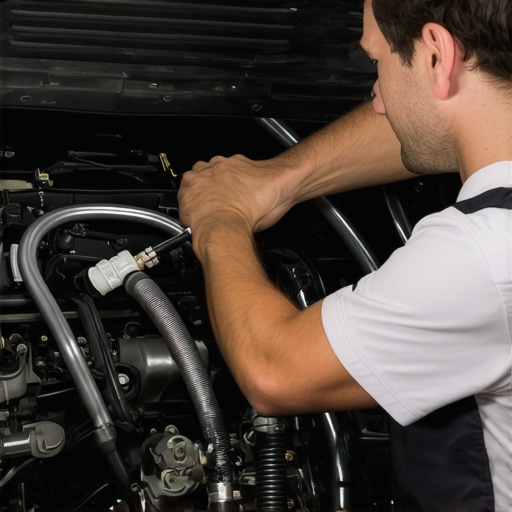 Mechanic installing a new rubber vacuum hose under the hood