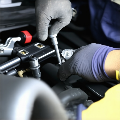 Mechanic installing a new fuel pressure valve in engine