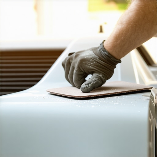 Person sanding car bumper with sandpaper in workshop