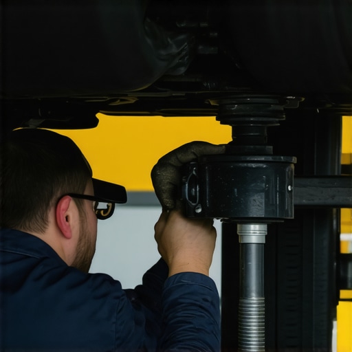 Mechanic examining suspension parts under a car for damage or wear.