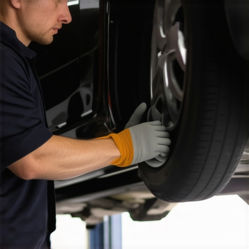 Automotive mechanic examining a car's control arm for bends and damage in a garage.